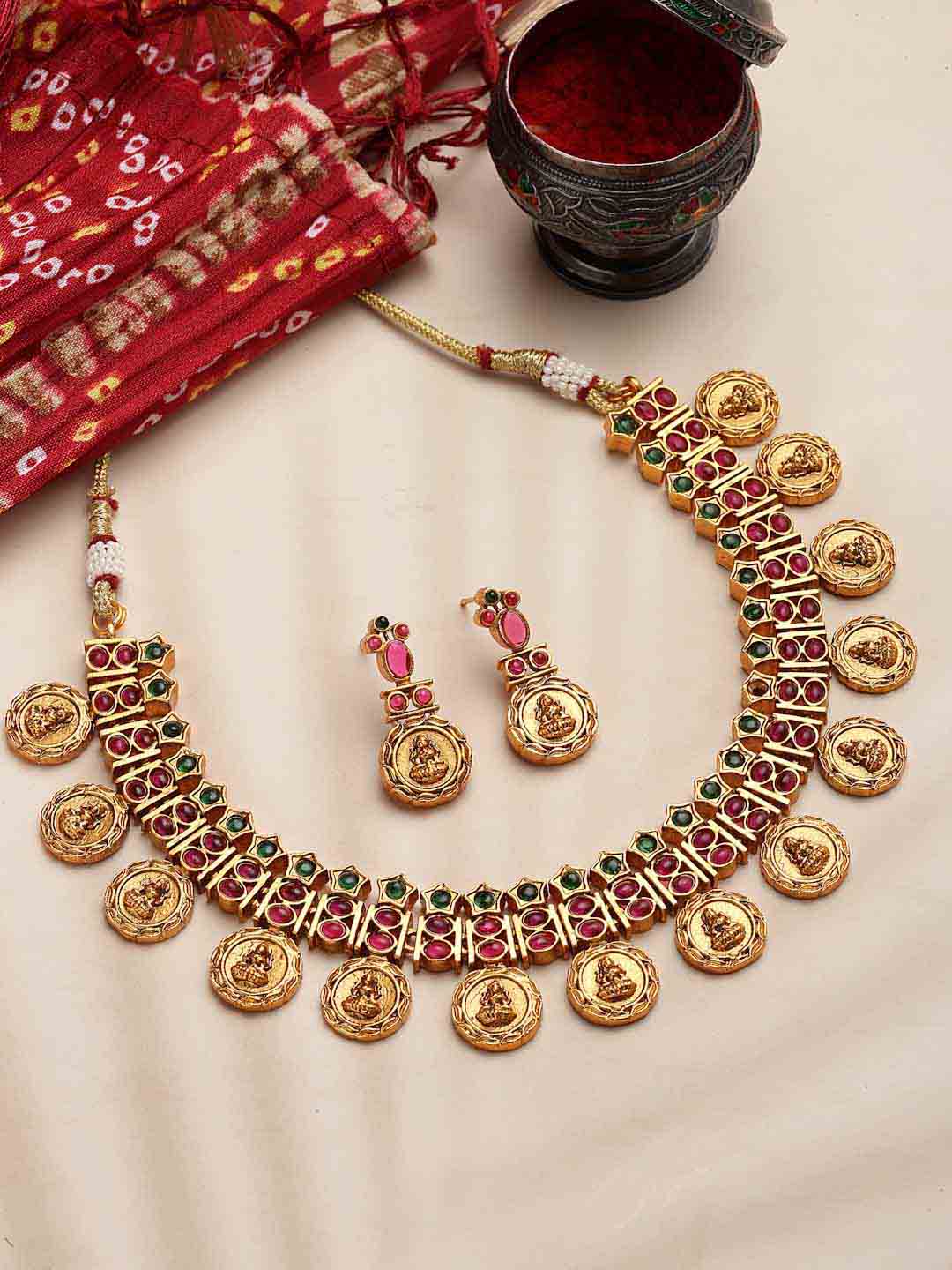 Gold-Plated & Red Ruby Stone Choker Temple Jewellery Set