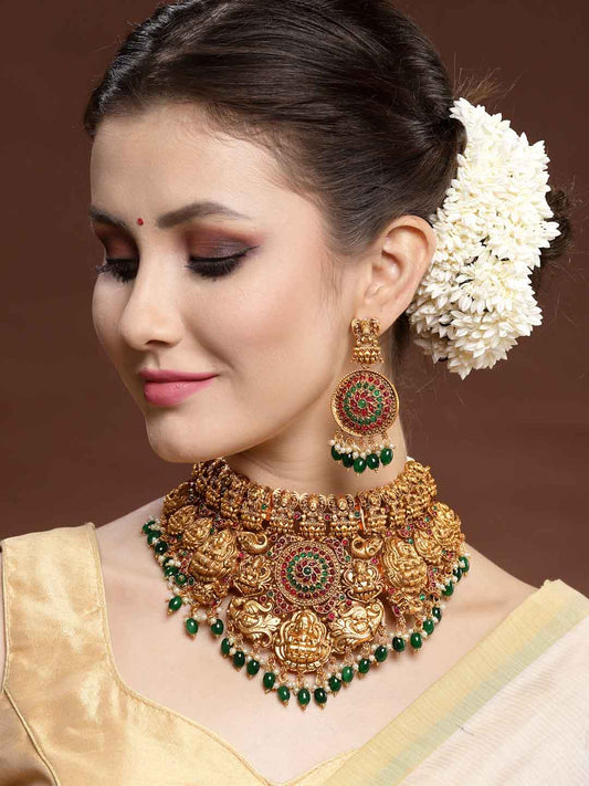 Gold-Plated Stones-Studded & Beaded Temple Jewellery Set