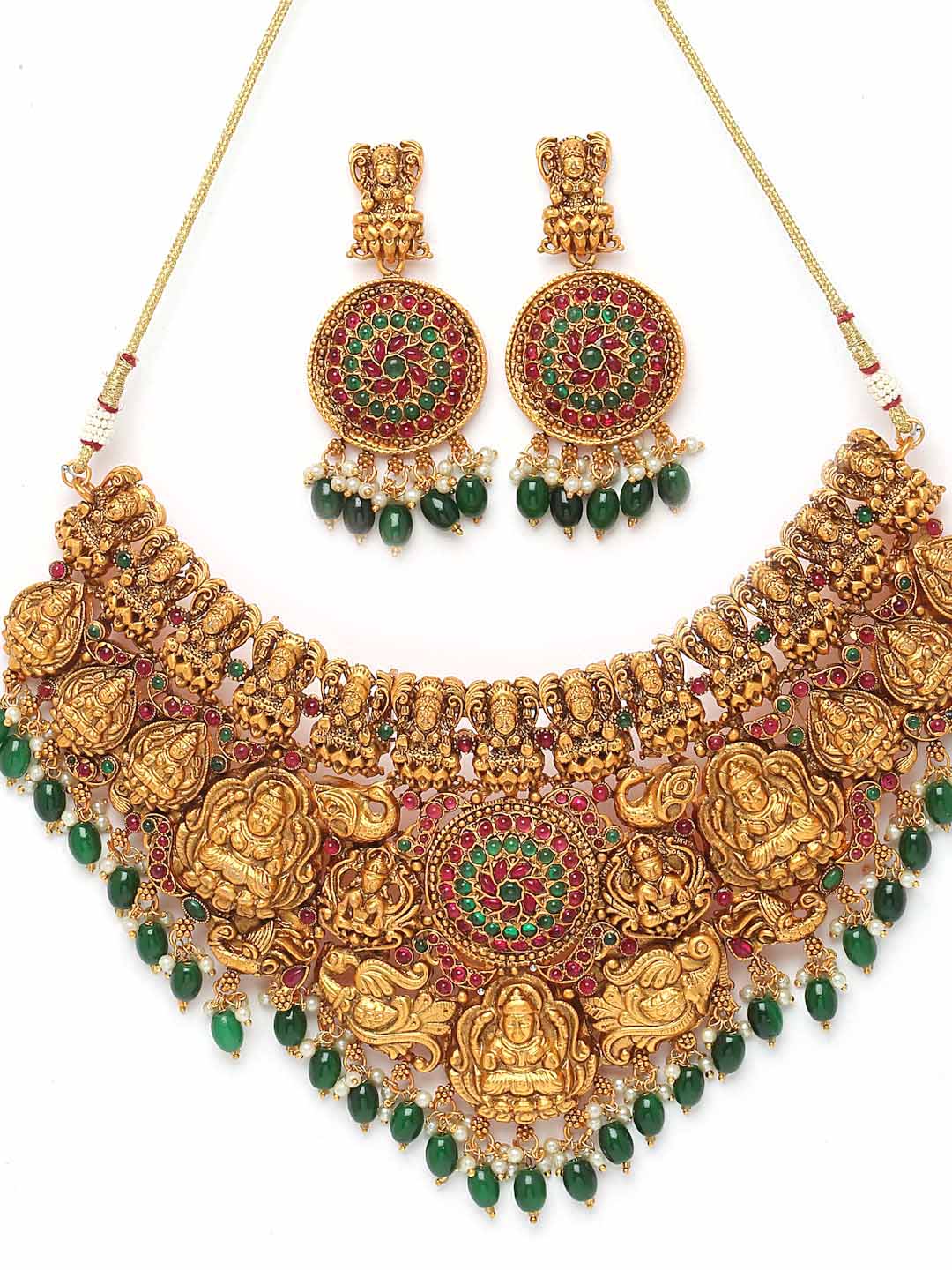 Gold-Plated Stones-Studded & Beaded Temple Jewellery Set