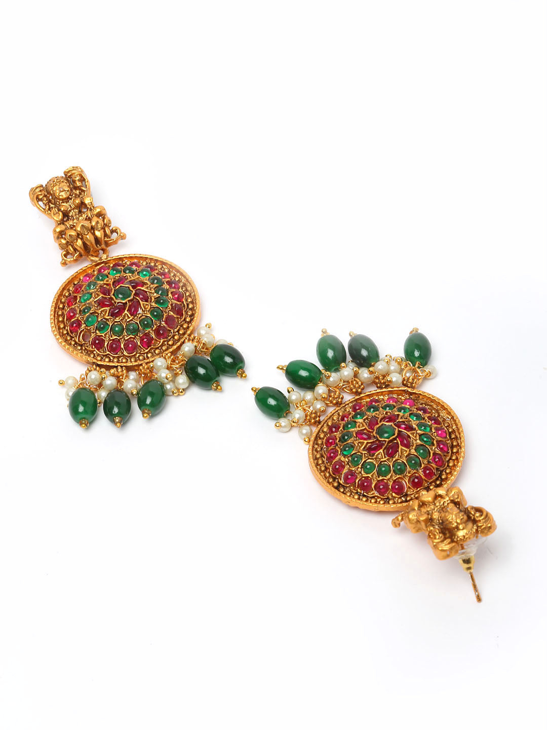 Gold-Plated Stones-Studded & Beaded Temple Jewellery Set