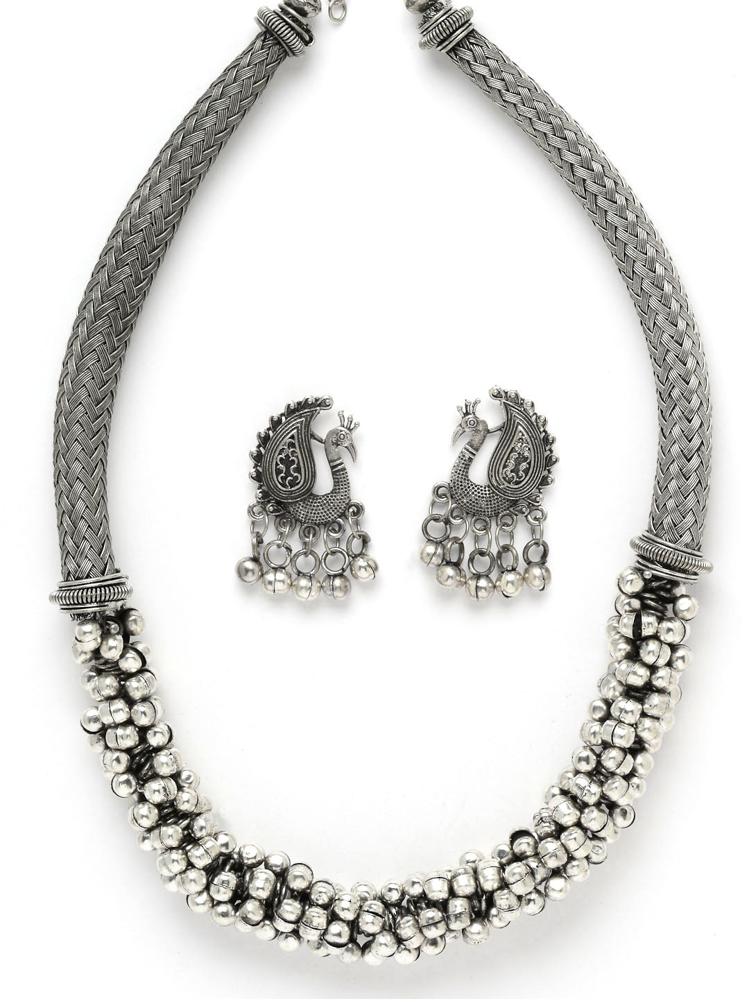 Silver-Plated Stone Studded Oxidized Hasli Jewellery Set