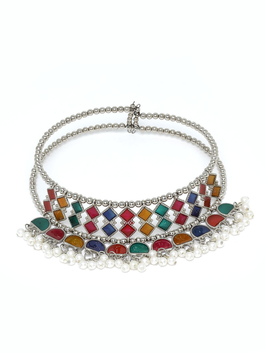 Silver-Toned & Red Silver-Plated Choker Necklace