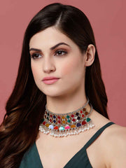 Silver-Toned & Red Silver-Plated Choker Necklace