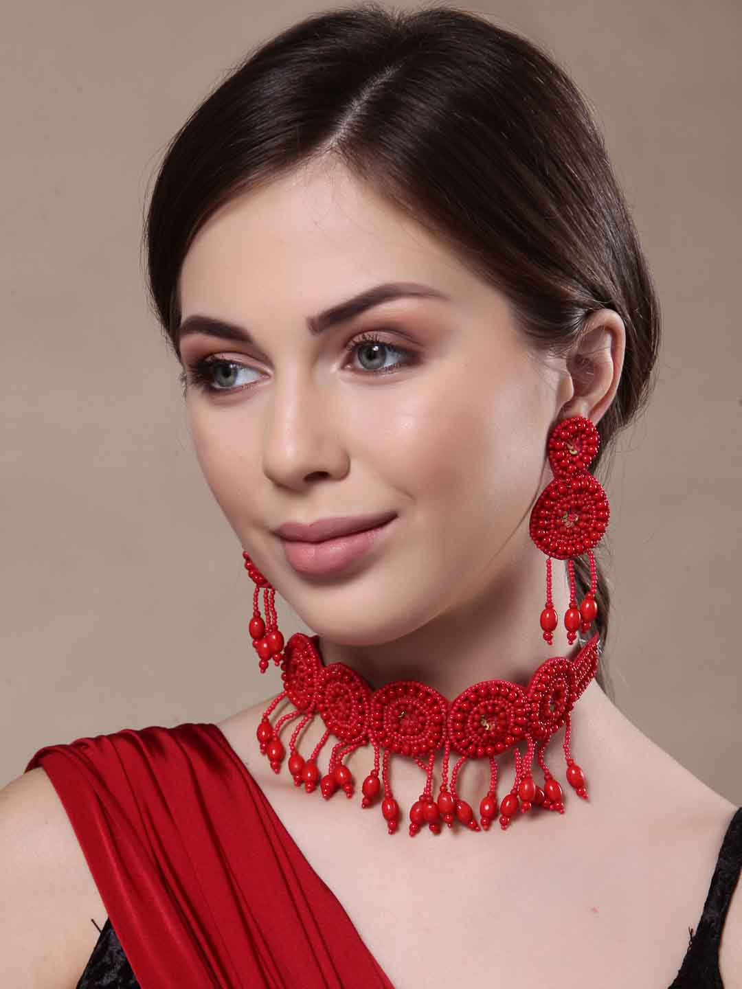 Red Beaded Handcrafted Jewellery Set