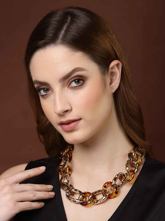 Gold-Toned & Brown Leopard Style Bold Necklace