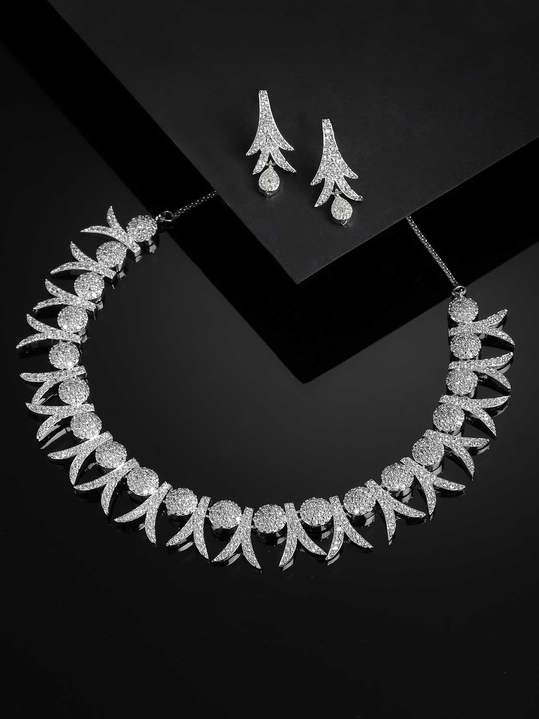 Rhodium-Plated Silver-Toned White AD-Studded Jewellery Set