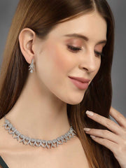 Rhodium-Plated Silver-Toned White AD-Studded Jewellery Set