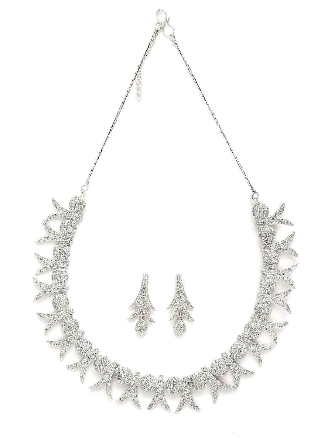 Rhodium-Plated Silver-Toned White AD-Studded Jewellery Set