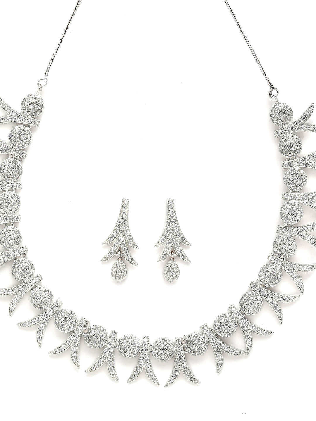 Rhodium-Plated Silver-Toned White AD-Studded Jewellery Set