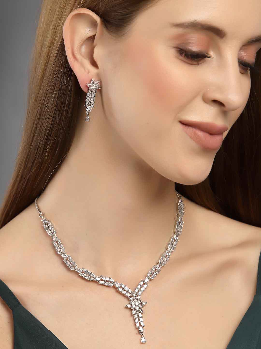 Rhodium Plated Silver-Toned White AD Studded Handcrafted Jewellery Set