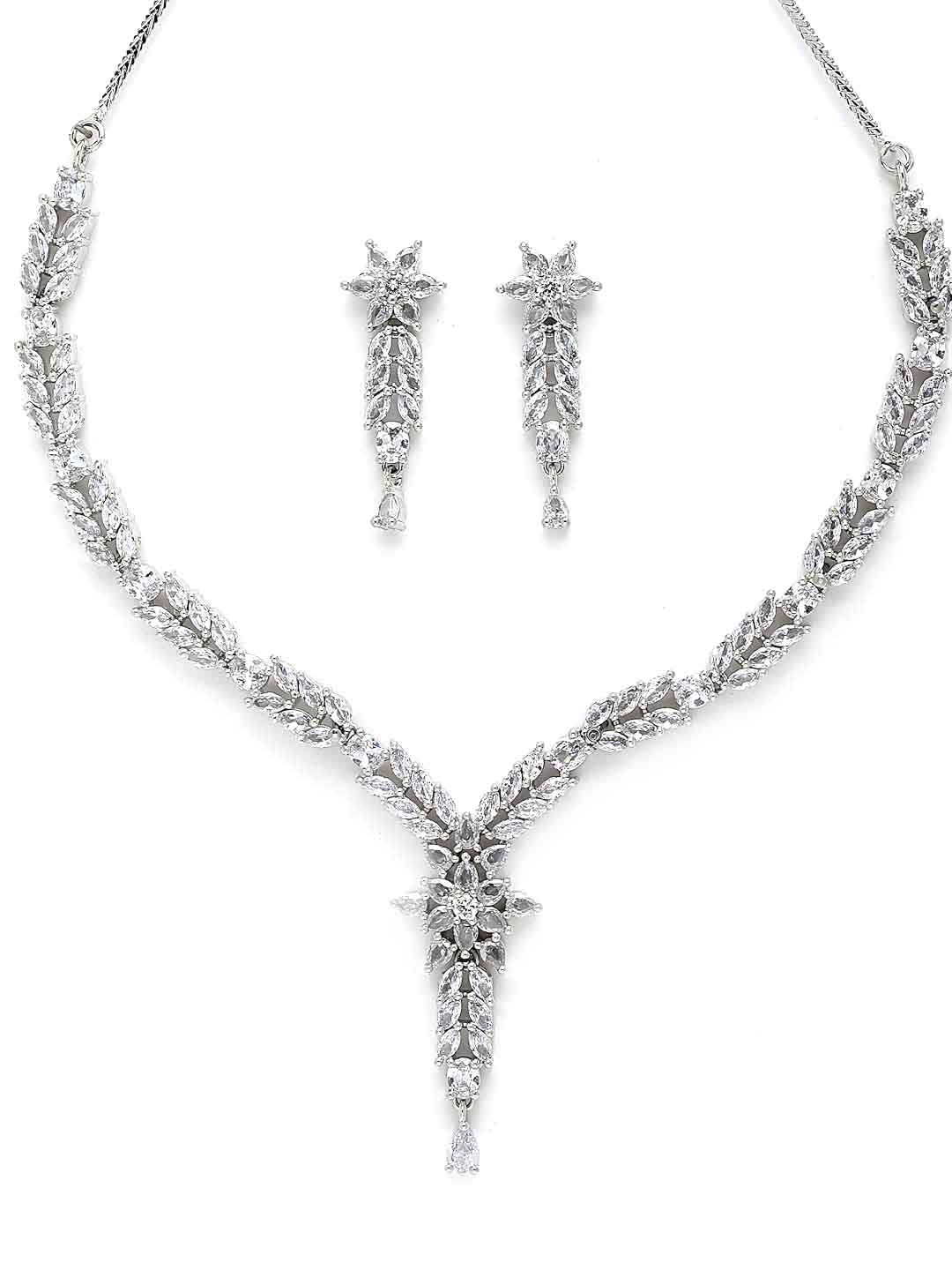 Rhodium Plated Silver-Toned White AD Studded Handcrafted Jewellery Set