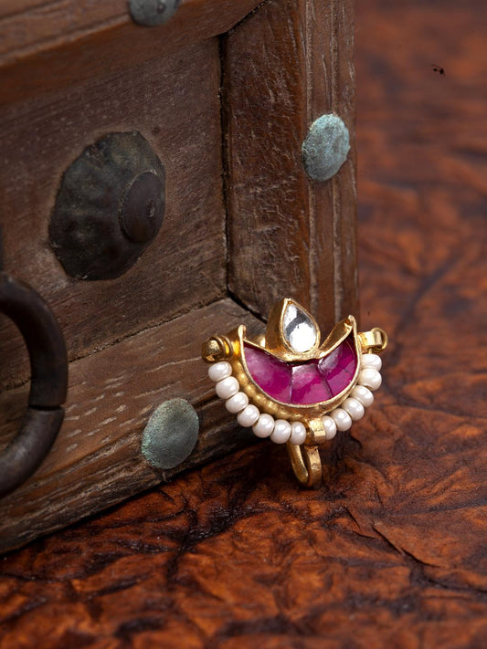 Gold-Plated & White Kundan-Studded Nose Pin