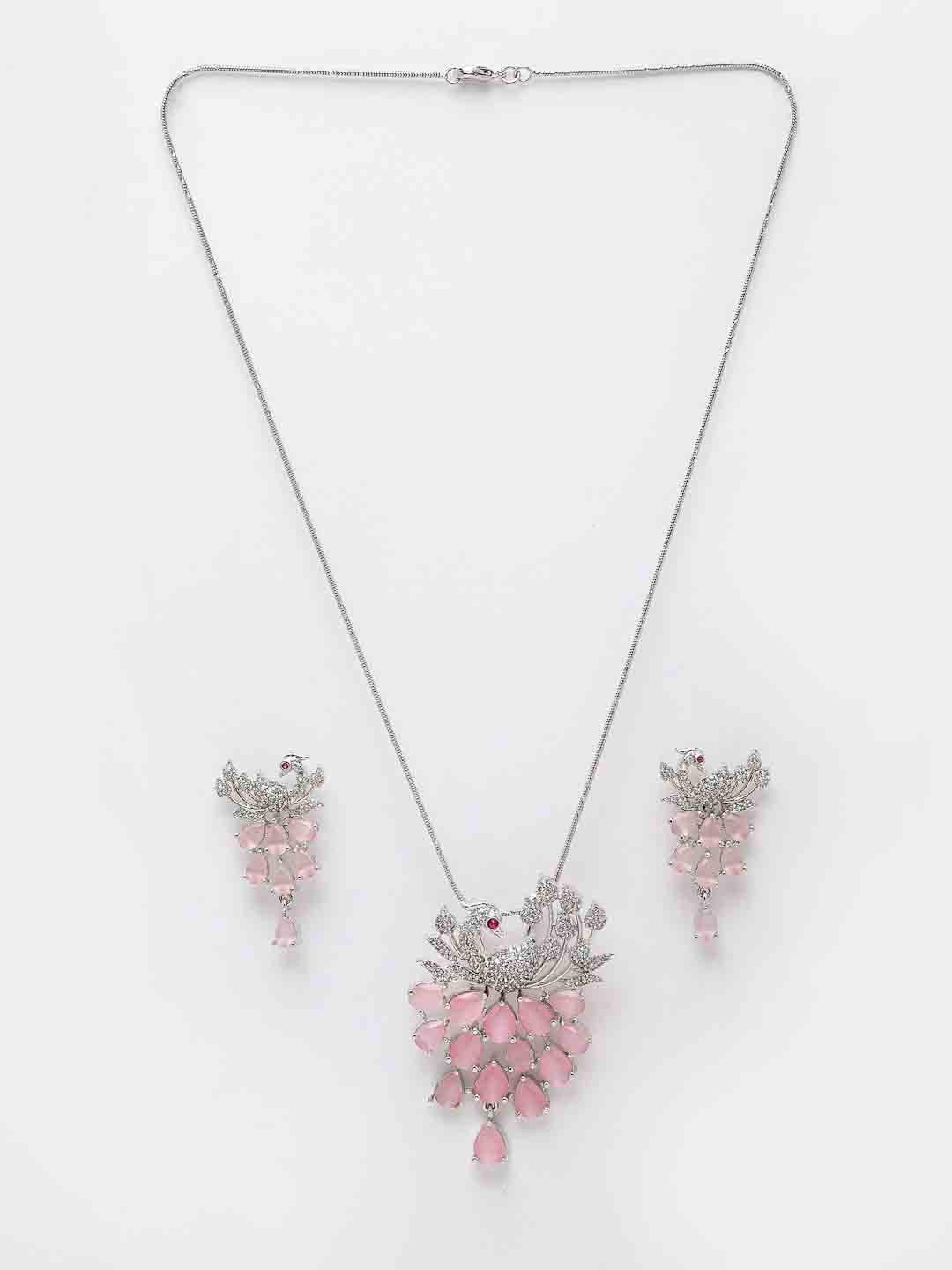 Women Silver-Plated White & Pink CZ Stone Studded Jewellery Set