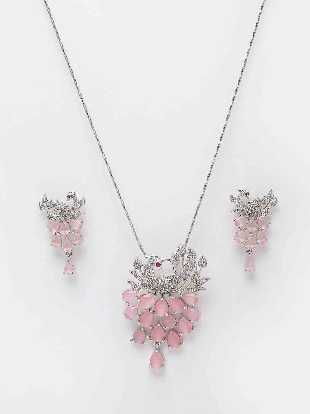 Women Silver-Plated White & Pink CZ Stone Studded Jewellery Set