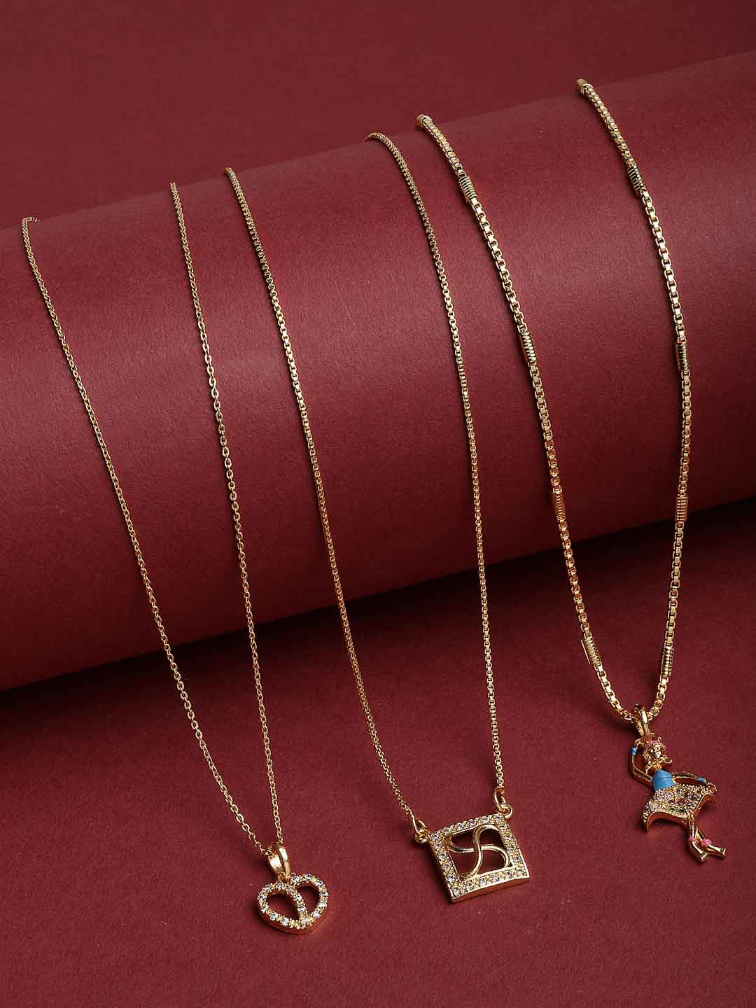 Set Of 3 Gold-Plated White AD-Studded Handcrafted Pendants With Chains