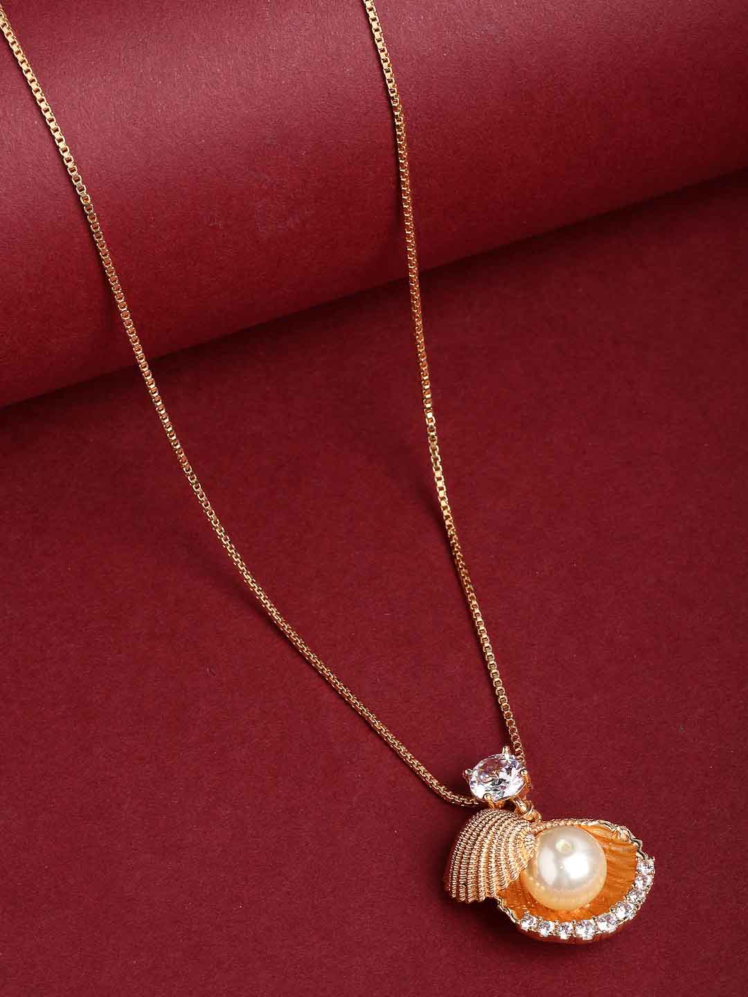 Gold-Plated Sea Shell Pearl & CZ Stone Pendant With Chain