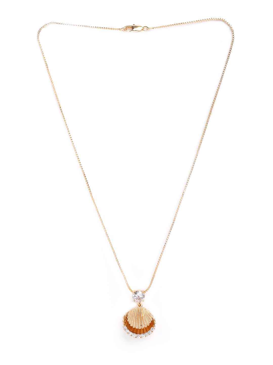 Gold-Plated Sea Shell Pearl & CZ Stone Pendant With Chain