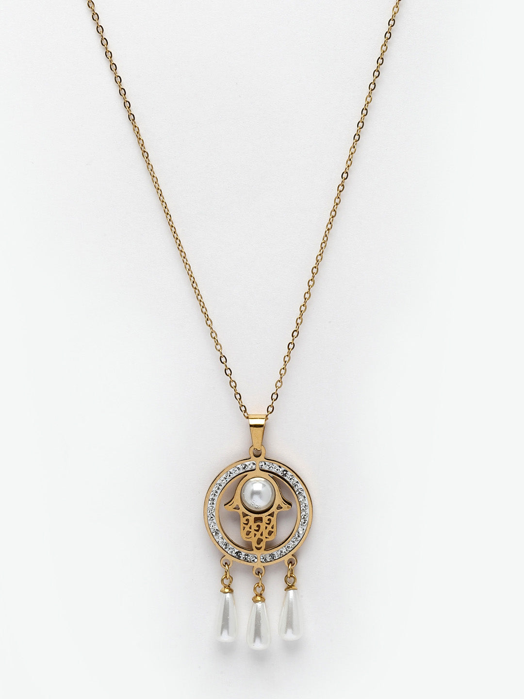 Gold-Plated CZ Studded & Pearl Circular Pendant