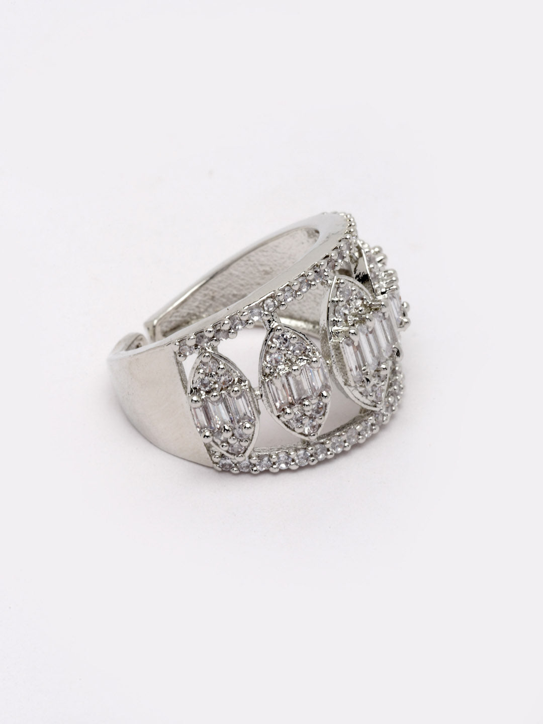 Silver-Plated CZ Stone-Studded Adjustable Finger Ring