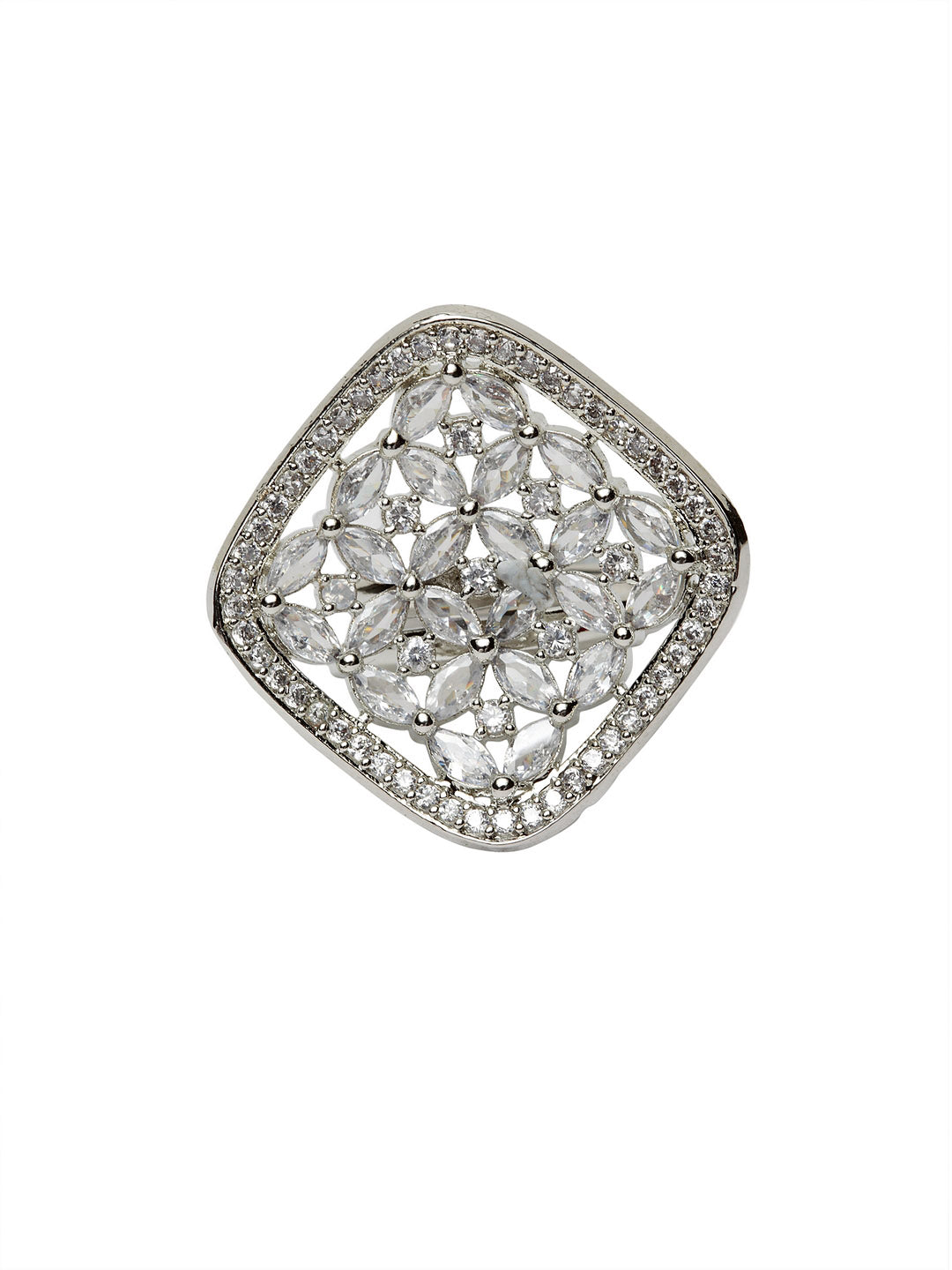 Rhodium-Plated Silver-Toned & White AD-Studded Handcrafted Adjustable Finger Ring