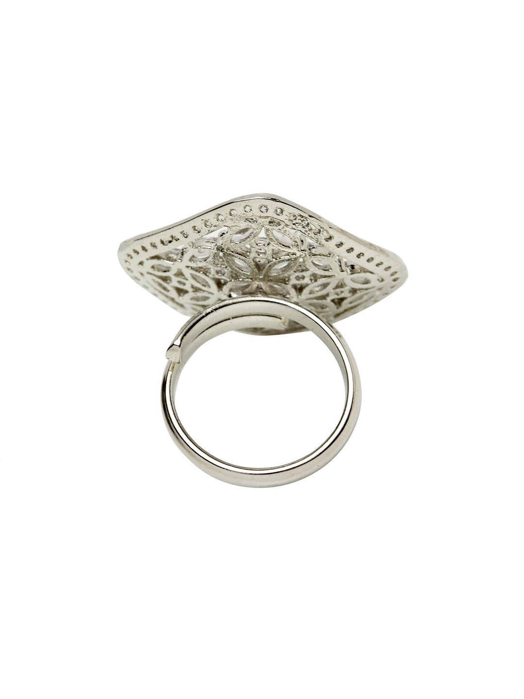 Rhodium-Plated Silver-Toned & White AD-Studded Handcrafted Adjustable Finger Ring