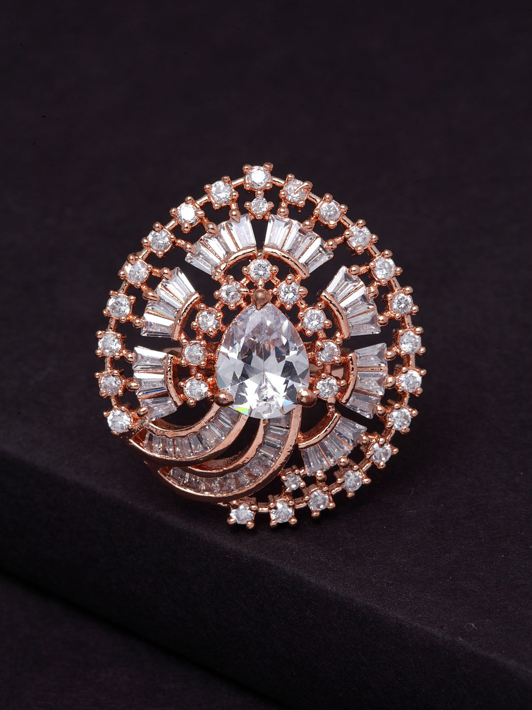 Rose Gold-Plated White AD-Studded Handcrafted Adjustable Finger Ring