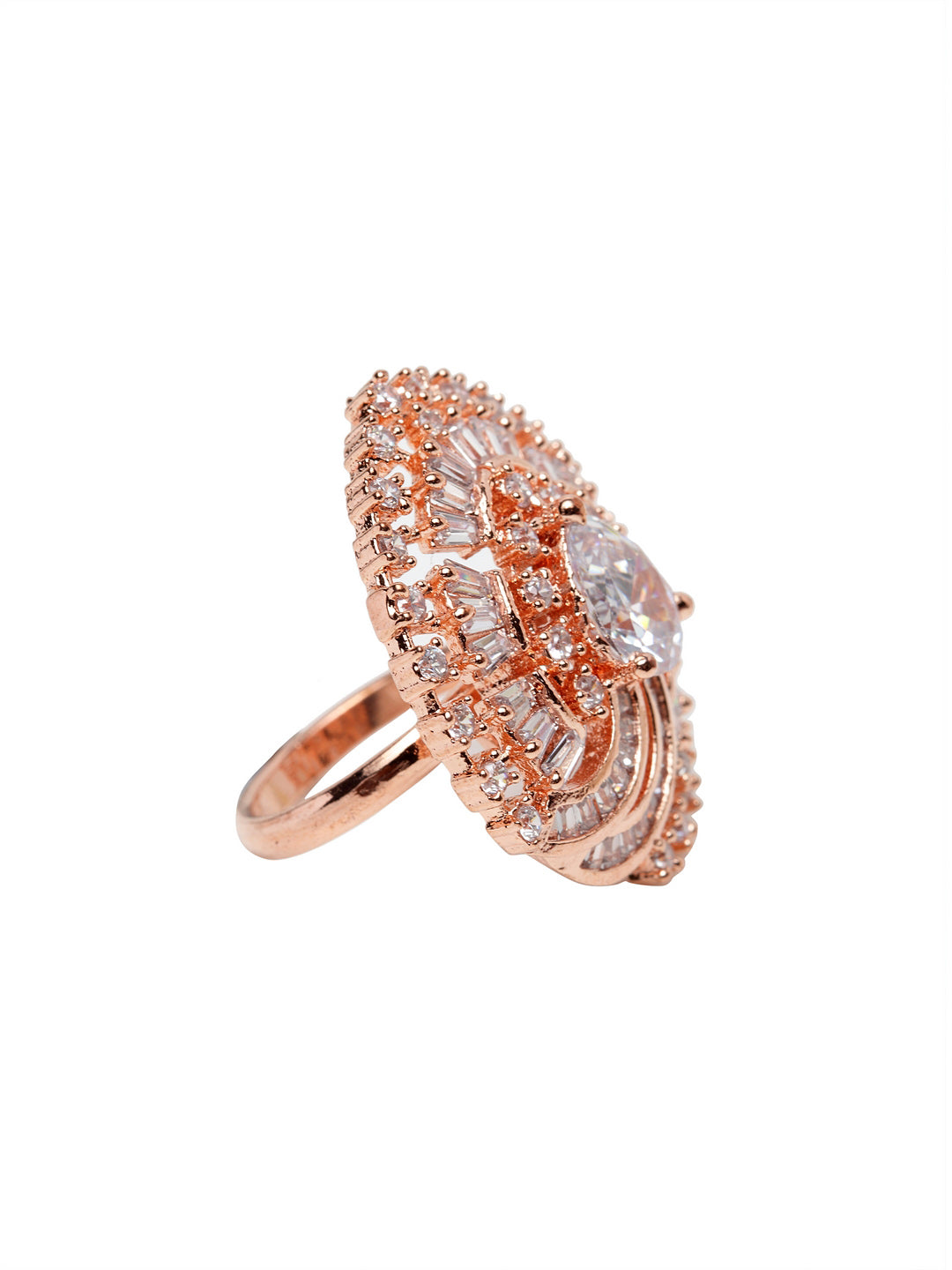 Rose Gold-Plated White AD-Studded Handcrafted Adjustable Finger Ring