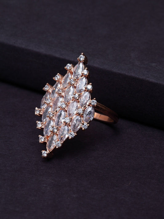 Rose Gold-Plated White AD-Studded Handcrafted Adjustable Finger Ring