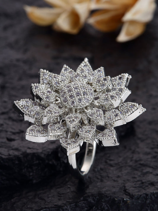 Silver-Plated White CZ-Studded Adjustable Finger Ring