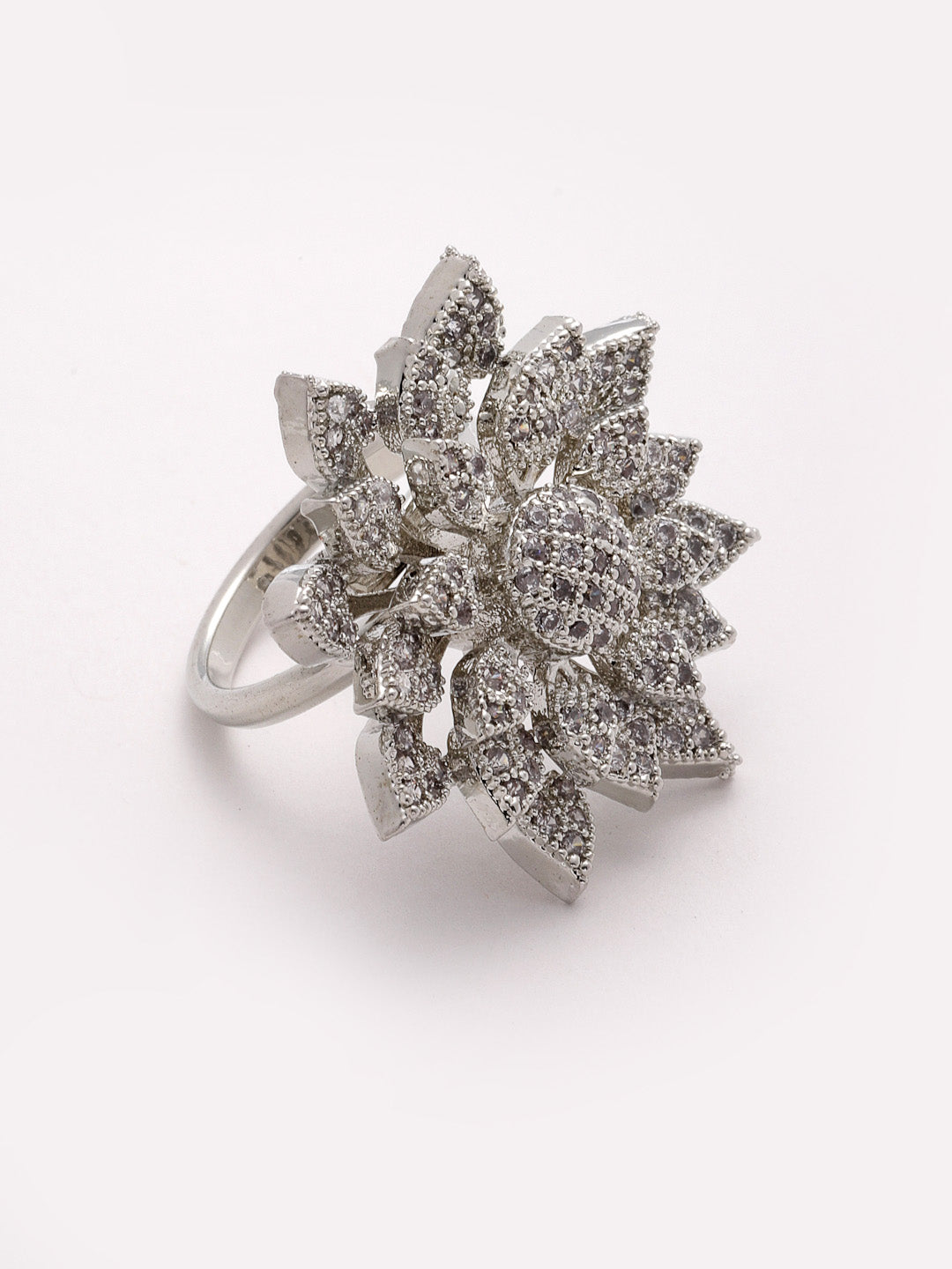 Silver-Plated White CZ-Studded Adjustable Finger Ring