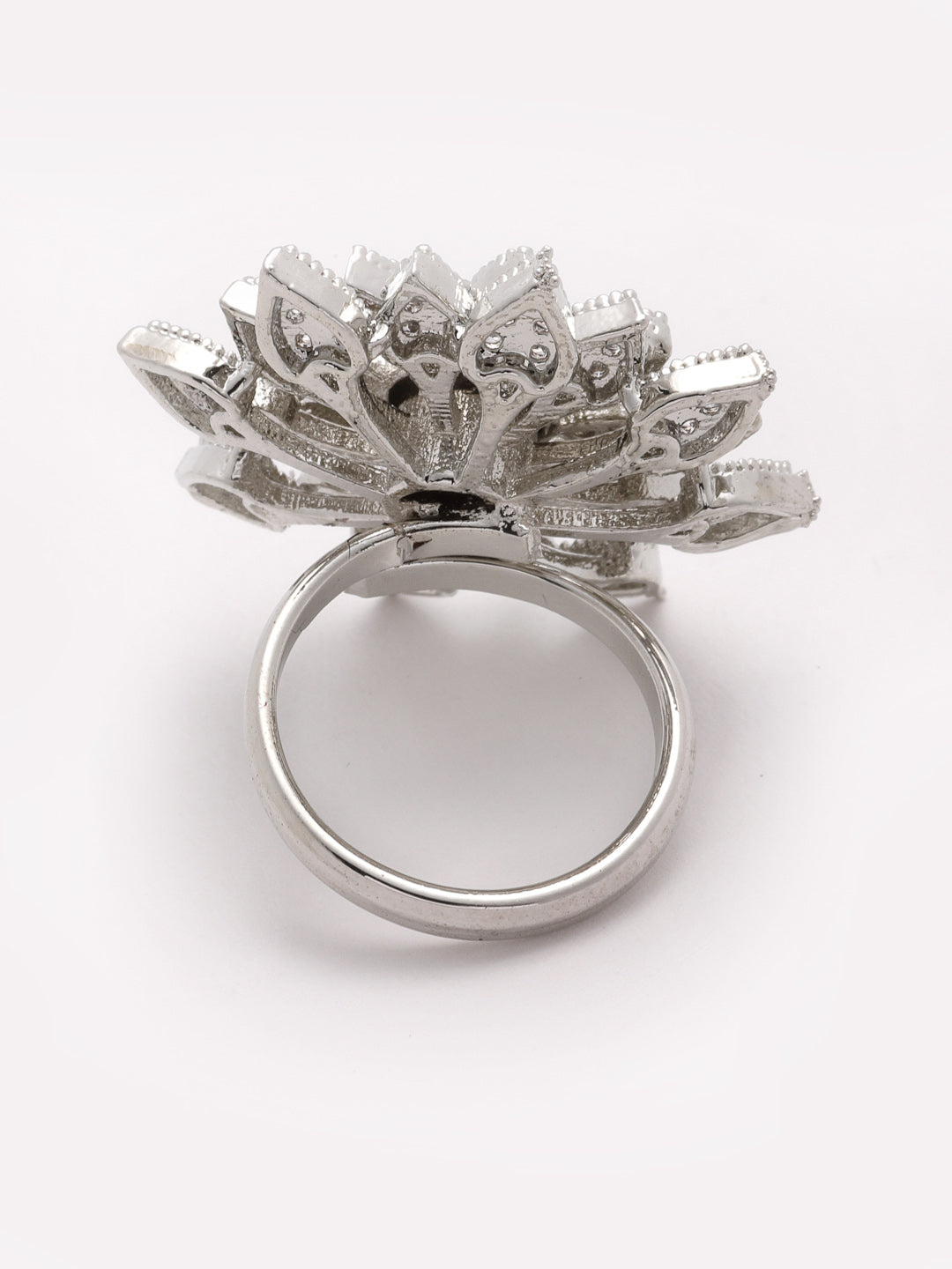 Silver-Plated White CZ-Studded Adjustable Finger Ring