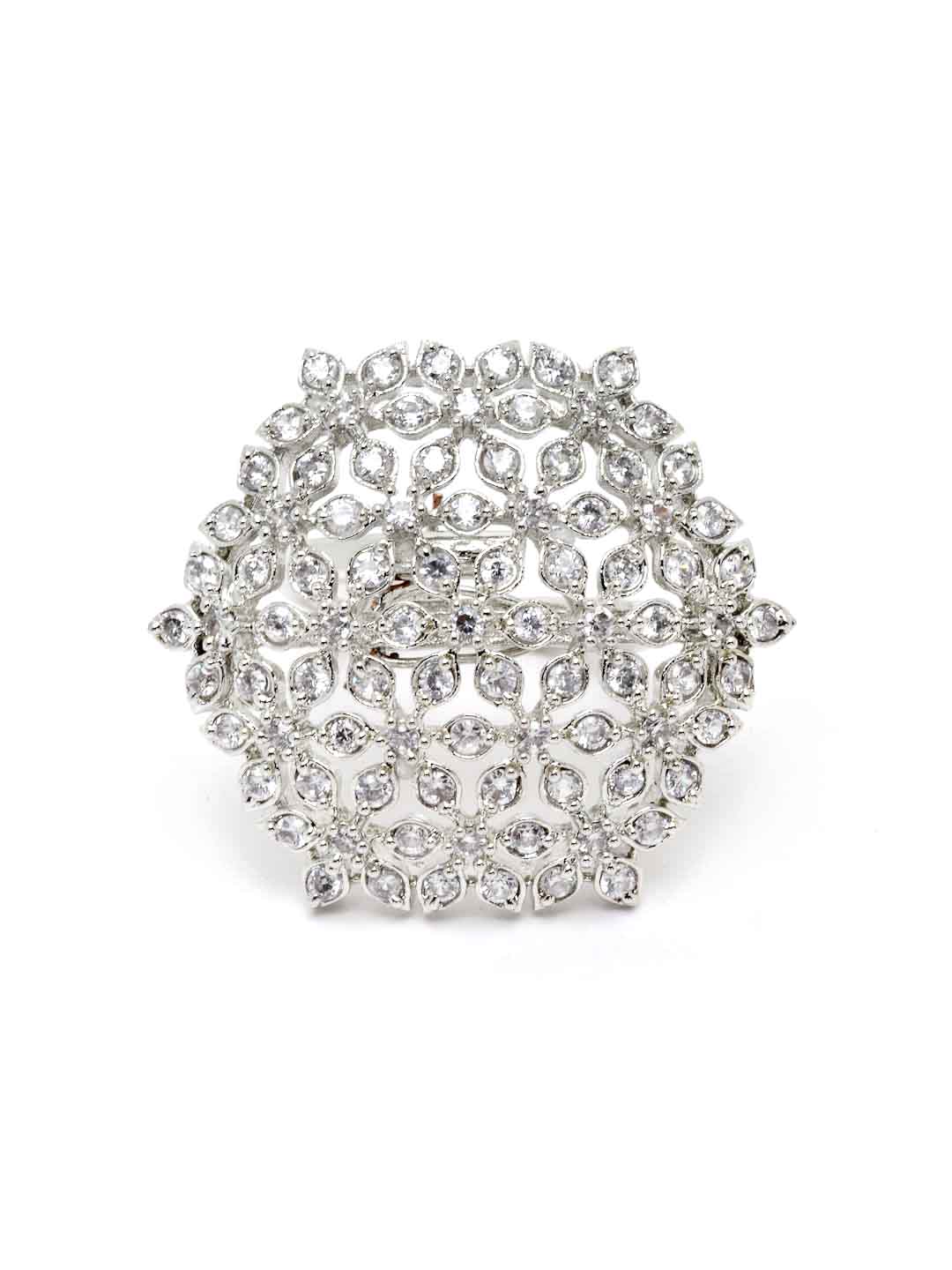 Silver-Plated White CZ Studded Adjustable Finger Ring