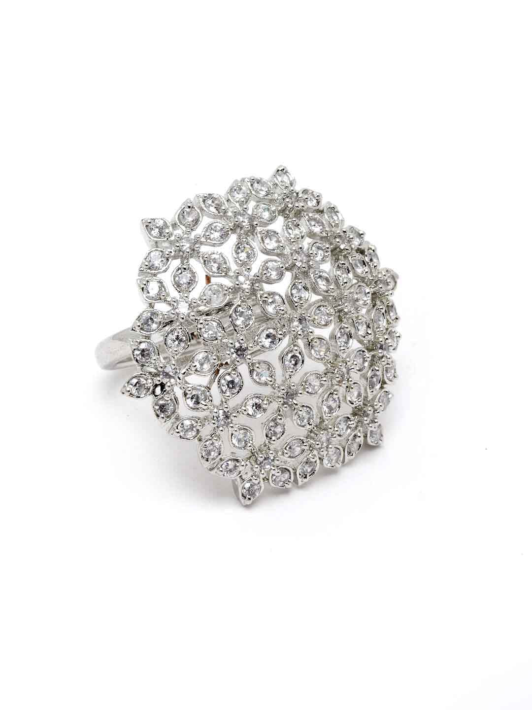 Silver-Plated White CZ Studded Adjustable Finger Ring