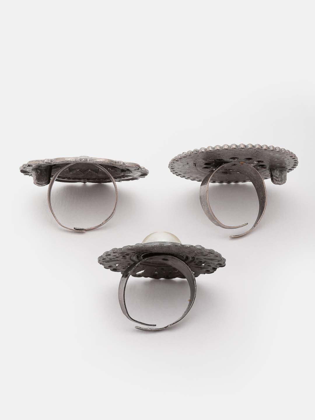 Set of 3 Silver-Toned Textured Oxidized Ring