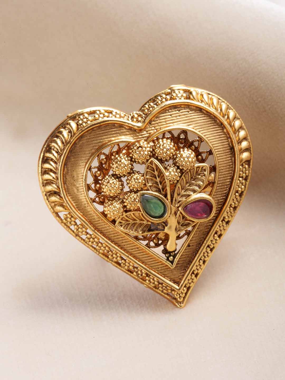 Women Gold-Plated Red & Green Stone Heart Shaped Finger Ring