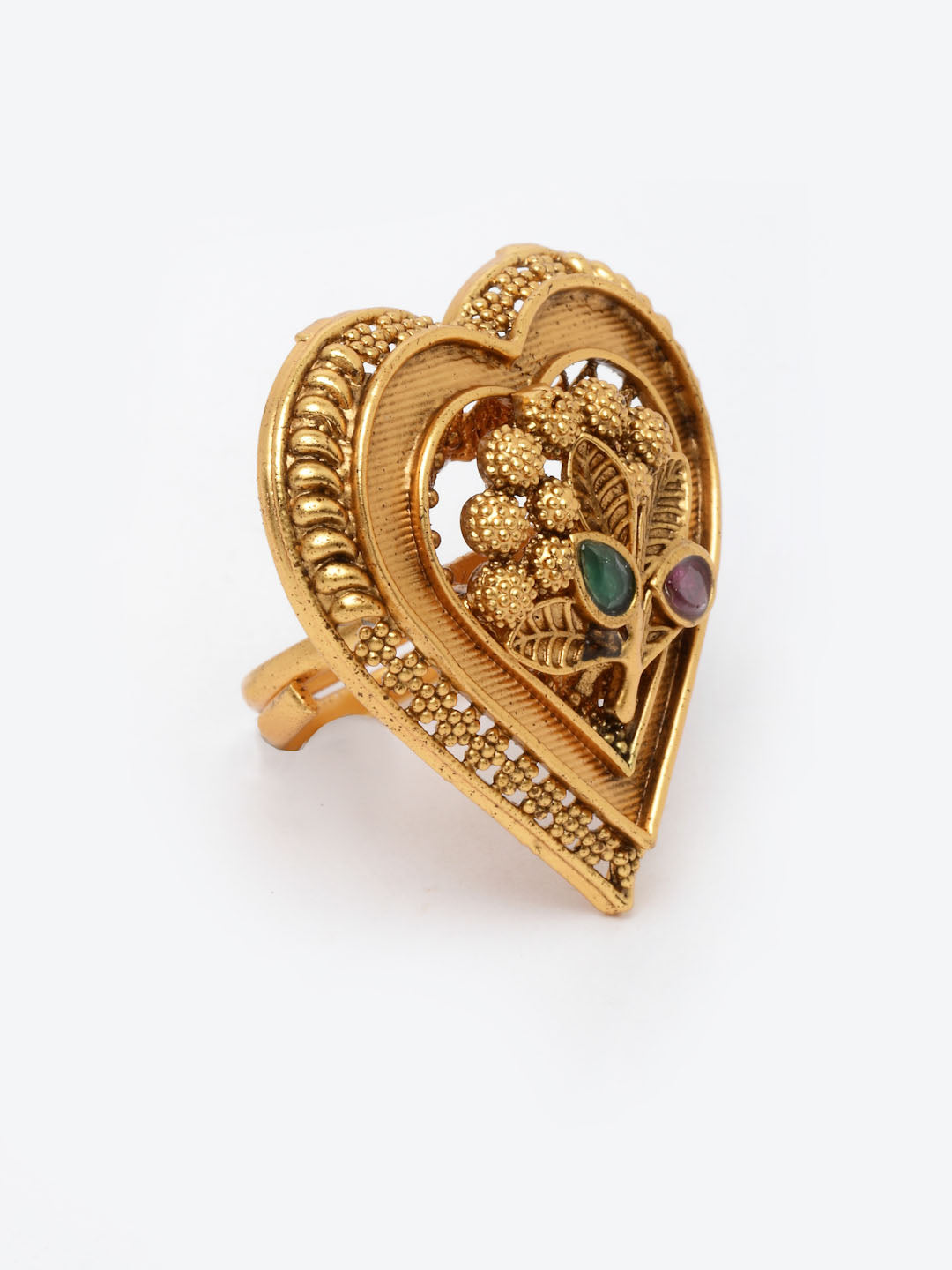 Women Gold-Plated Red & Green Stone Heart Shaped Finger Ring