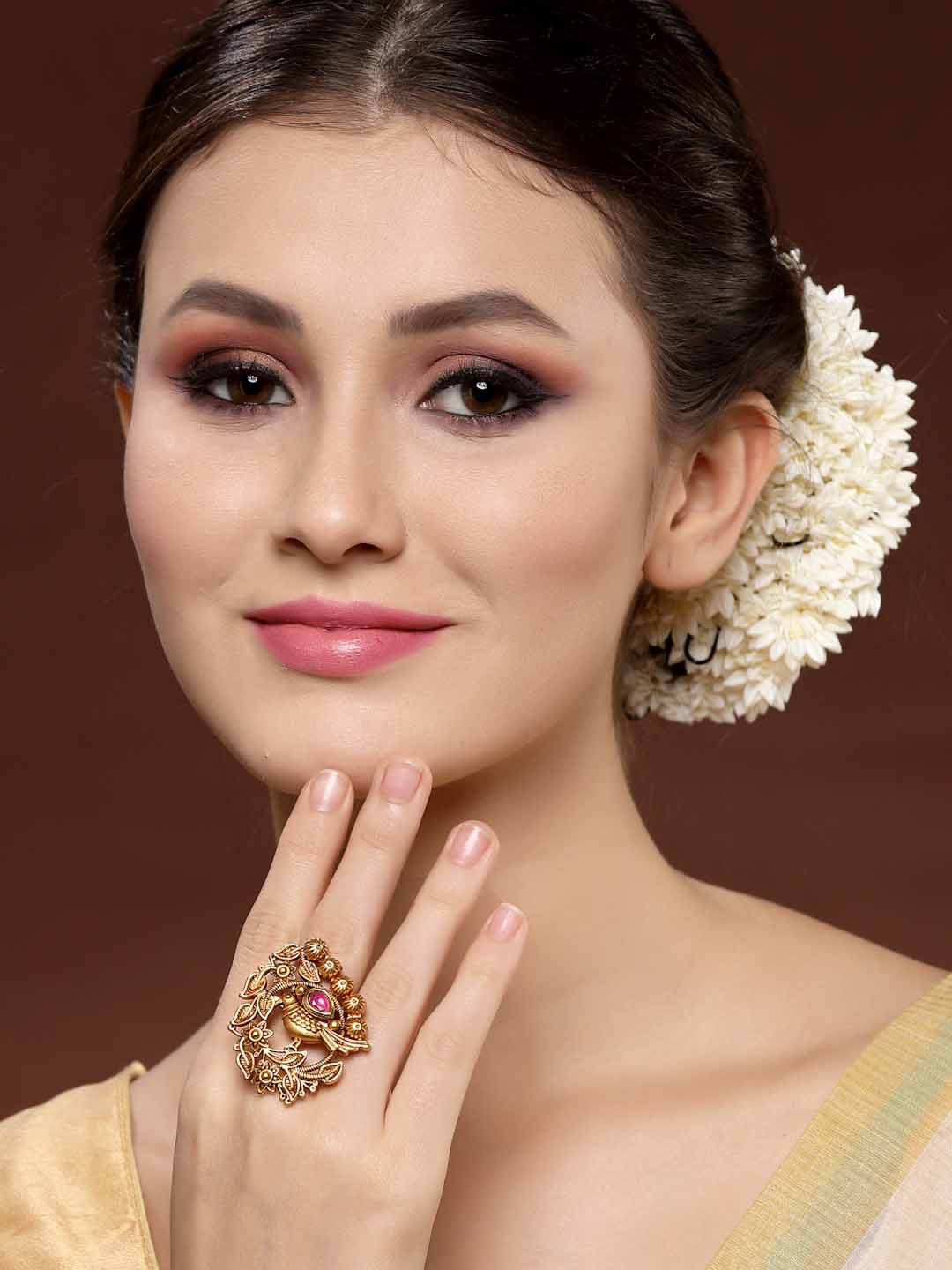 Gold-Plated Pink Stone-Studded Finger Ring