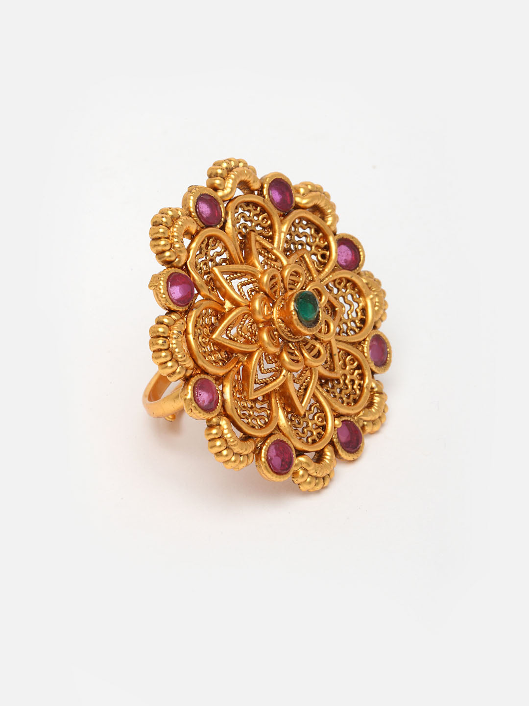 Women Gold-Plated Purple & Green Kundan-Studded Hand-Painted Adjustable Finger Ring