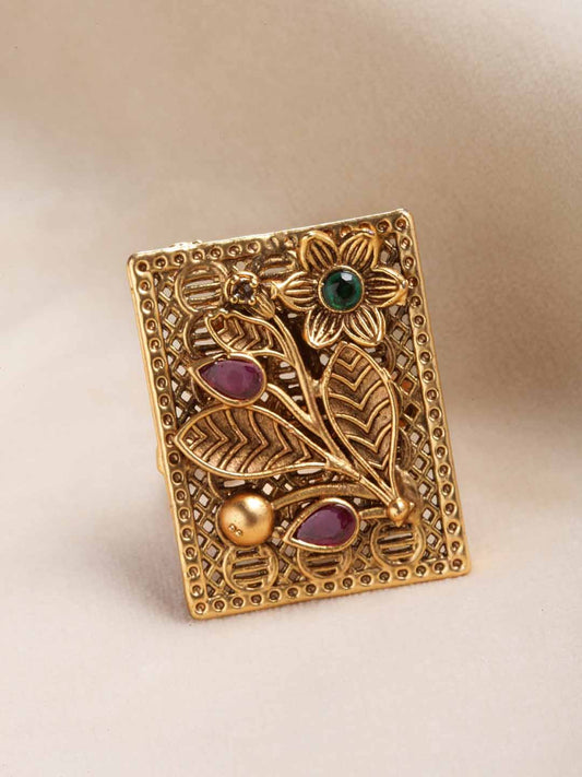 Gold-Plated Red & Green Stone-Studded Finger Ring