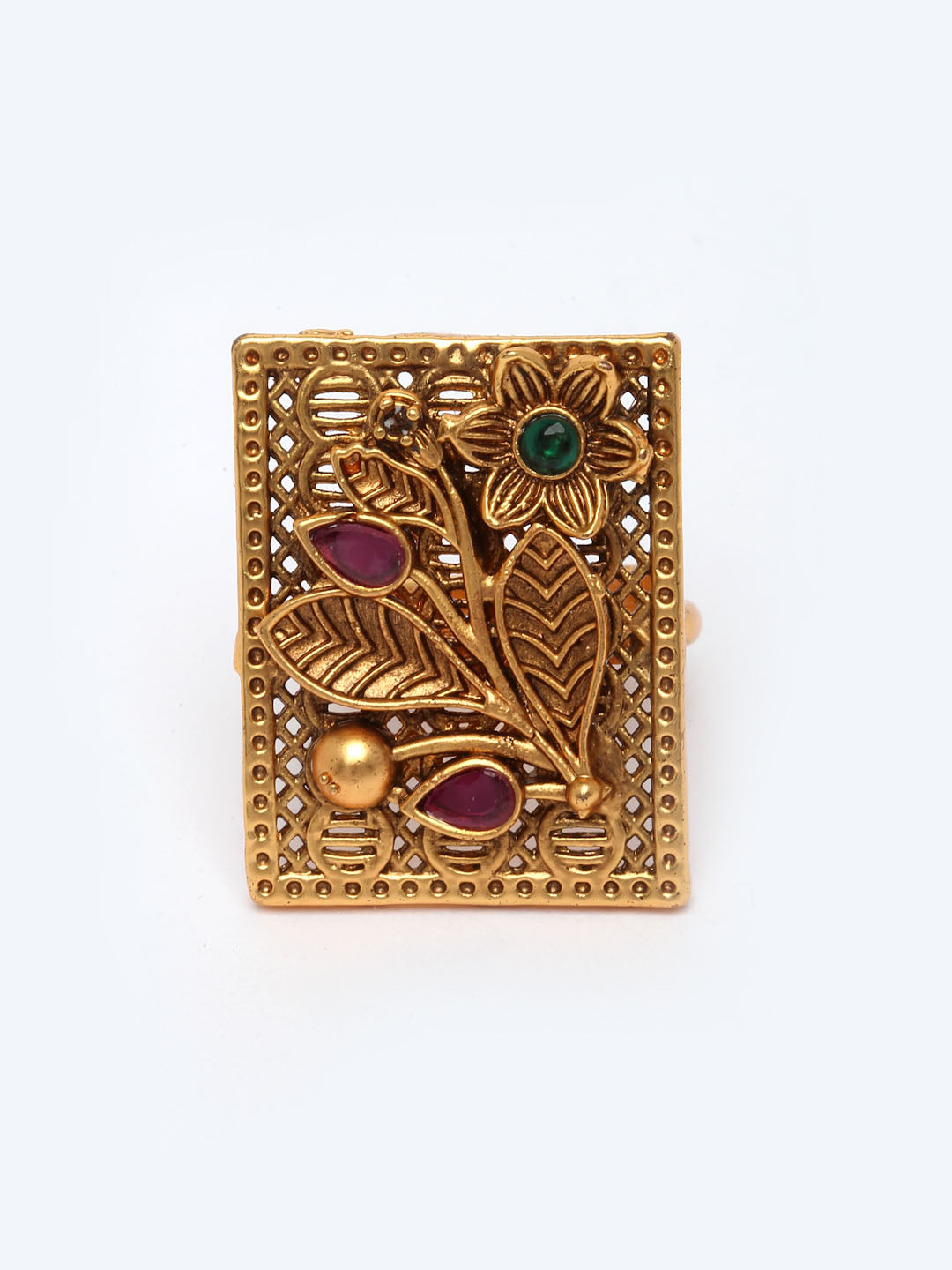 Gold-Plated Red & Green Stone-Studded Finger Ring