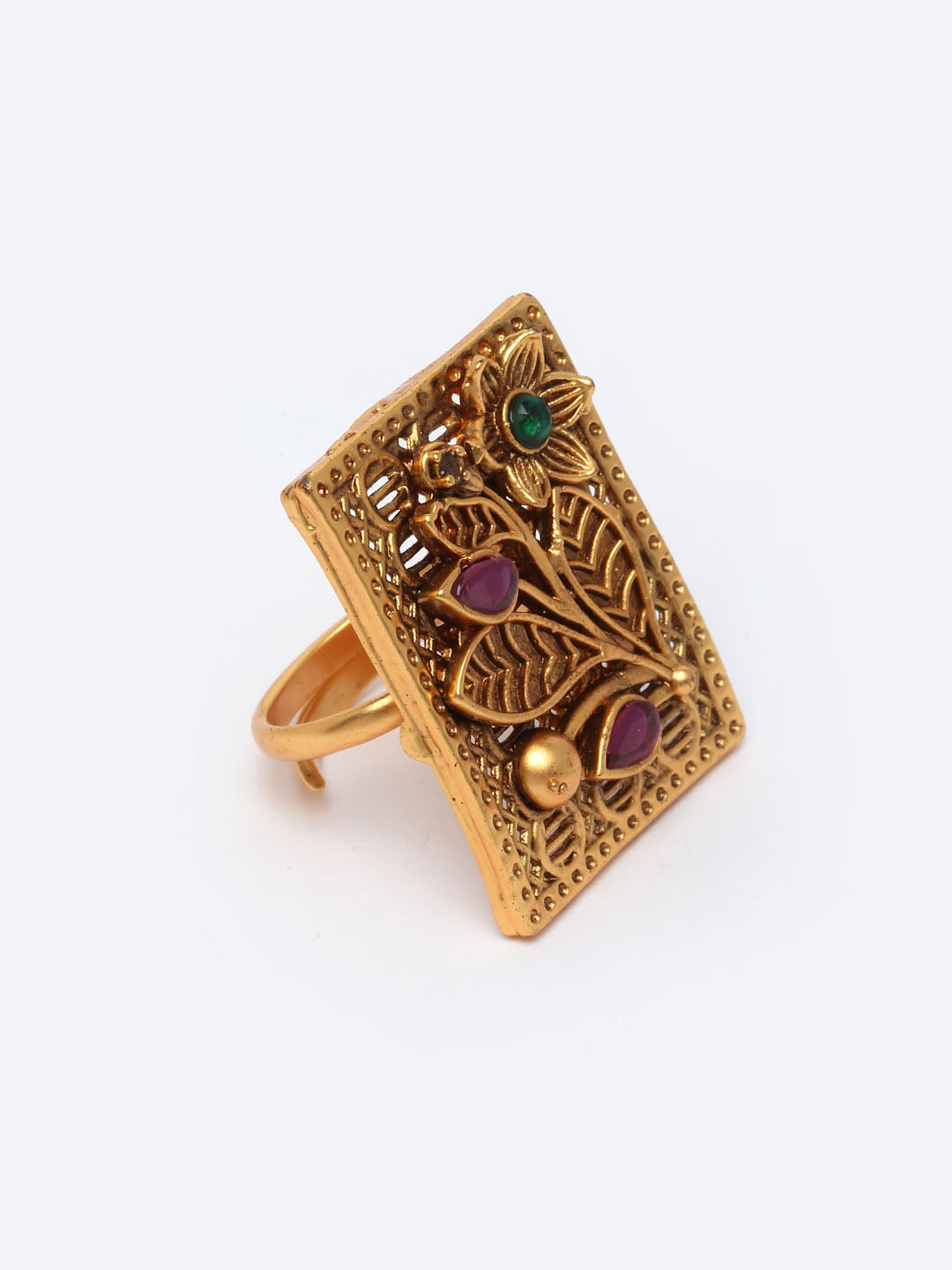 Gold-Plated Red & Green Stone-Studded Finger Ring