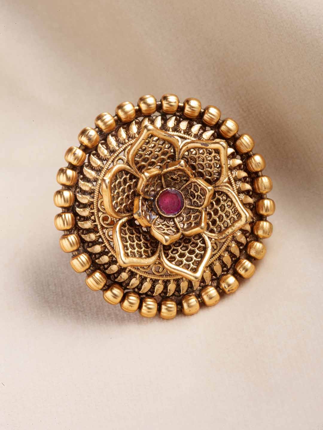 Gold-Plated Purple Stone Studded Handcrafted Floral Finger Ring