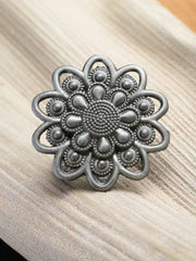 Silver-Toned Floral-Designed Oxidized Adjustable Ring