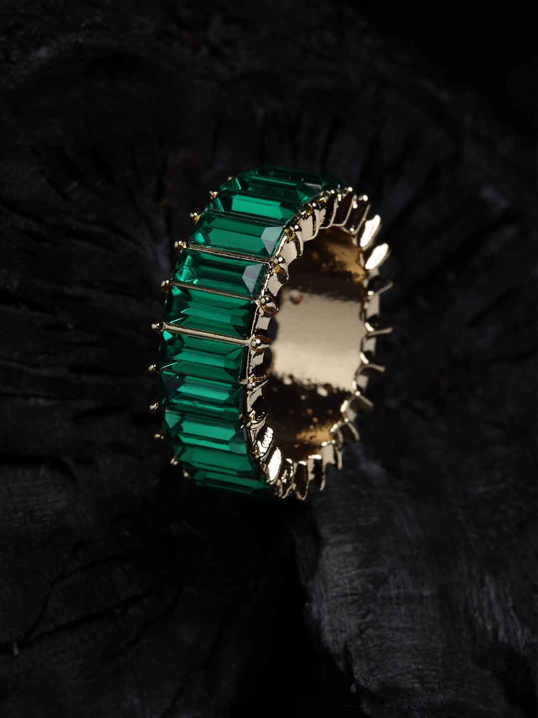 Women Gold Plated Green Stone Studded Finger Ring