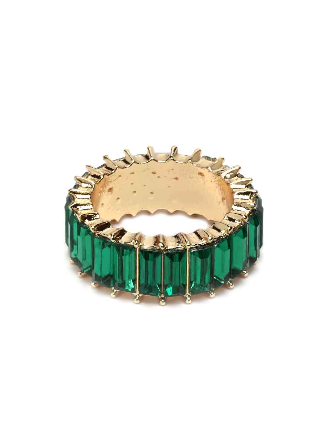 Women Gold Plated Green Stone Studded Finger Ring