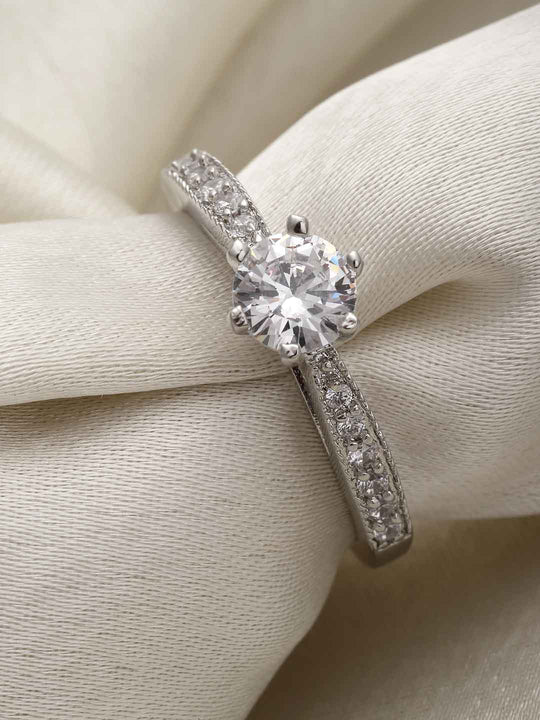 Silver-Plated White AD Stone Solitaire Finger Ring