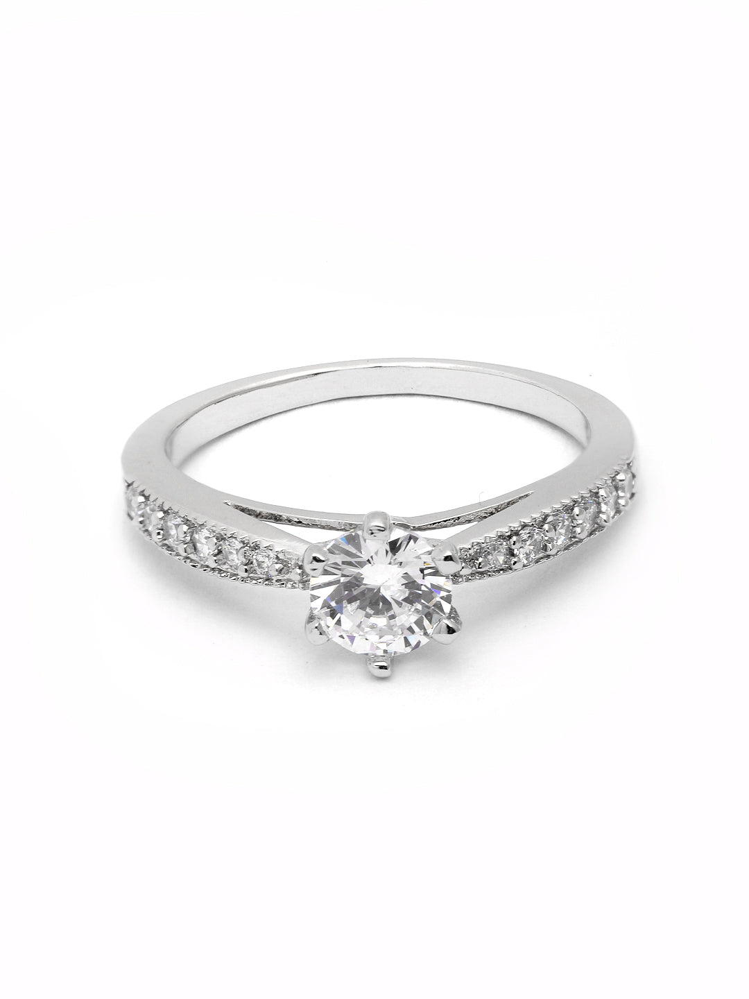 Silver-Plated White AD Stone Solitaire Finger Ring