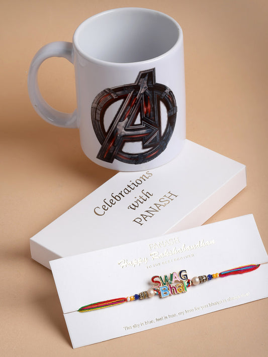 Multicoloured SWAG BHAI Handcrafted Rakhi with Avengers Mug