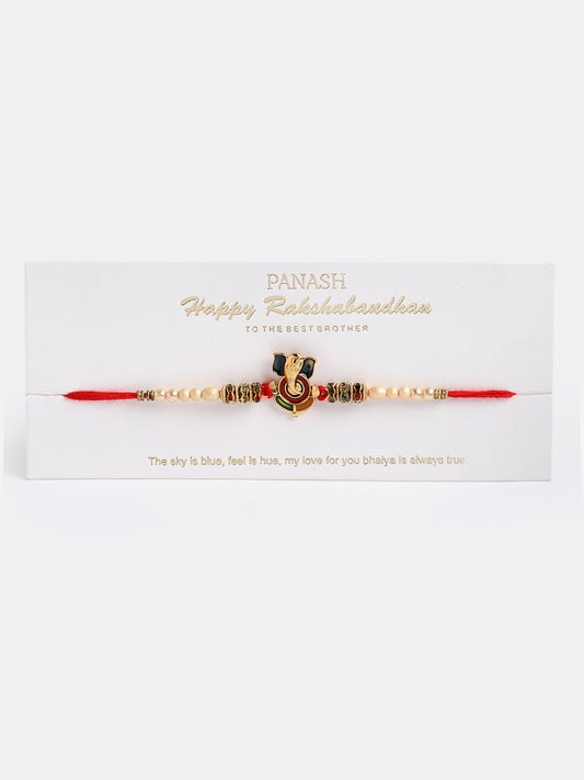 Men Gold-Toned Lord Ganesha Pearls Handcrafted Rakhi with Mug