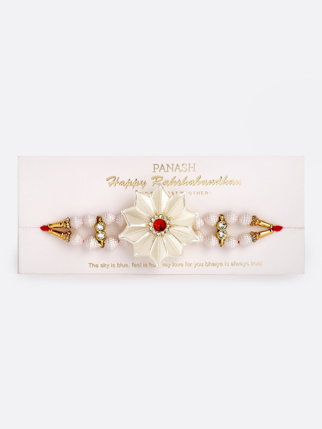 White Floral Beaded Designer Rakhi with Mug